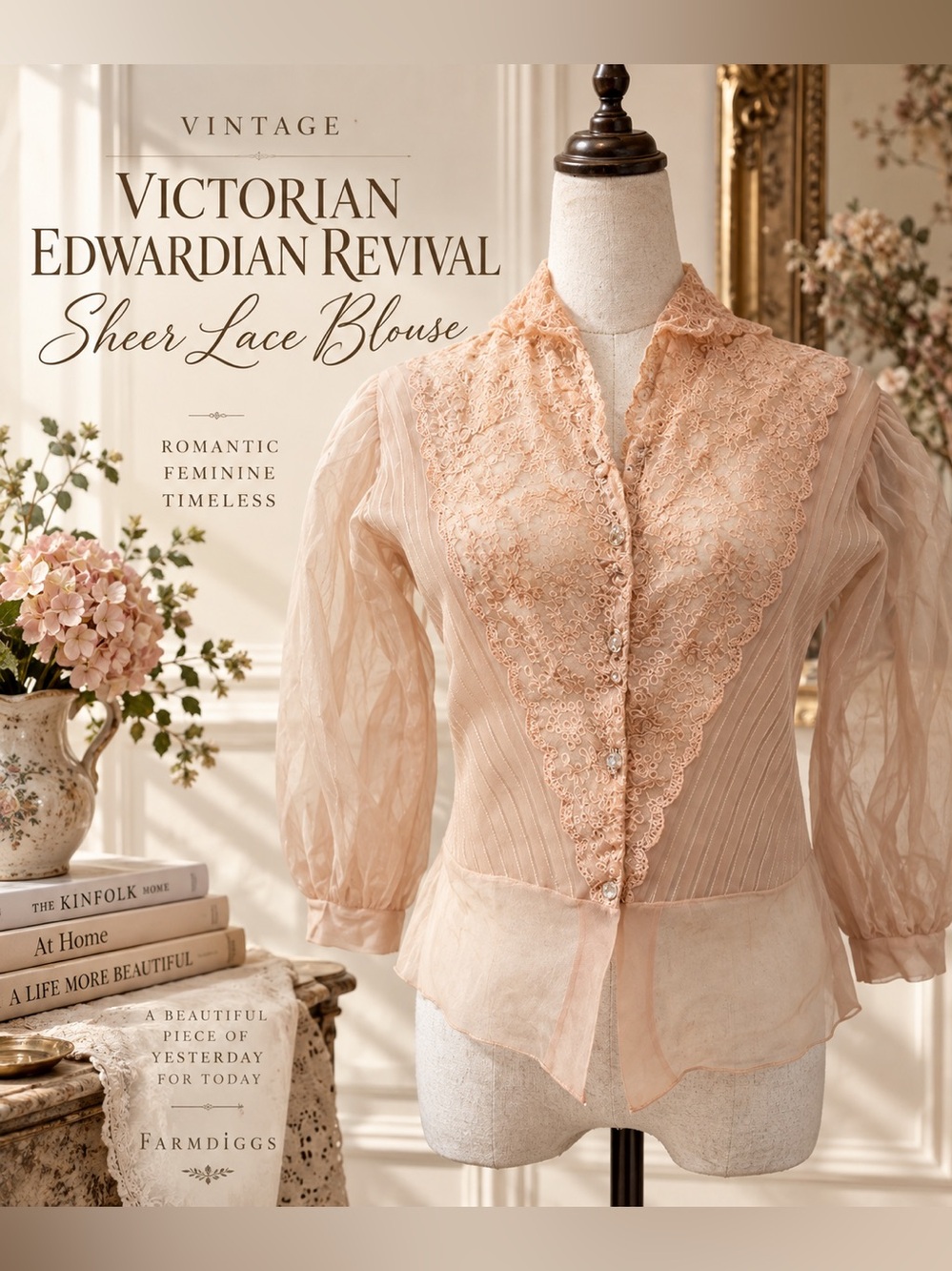 Vintage Victorian Edwardian Revival Sheer Lace Blouse Bridal Small Nude